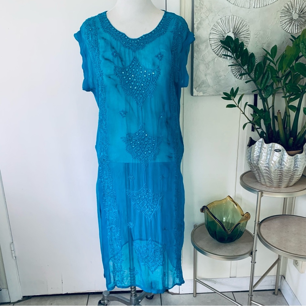 Beach Sheer Turquoise color Cover up tunic Dress Size M